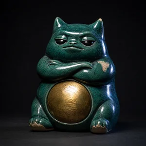 NUB, a creature made of glazed teal ceramic, brass belly